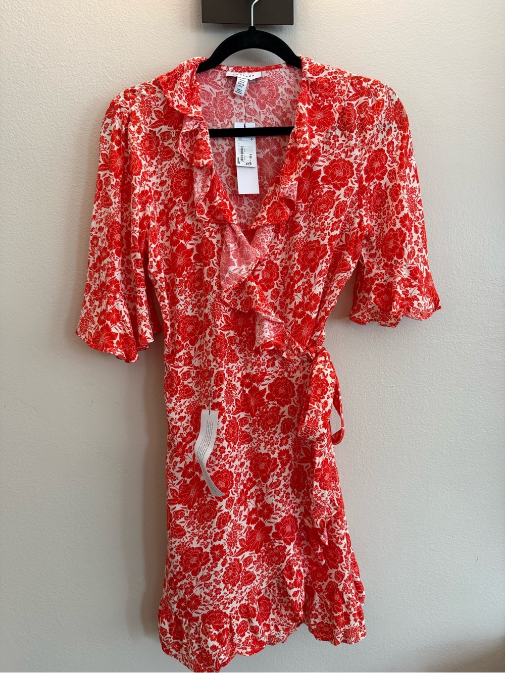 Topshop Red and White Floral Ruffle Wrap Dress
